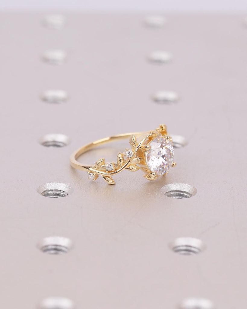 18k Solid Gold Moissanite Engagement Ring, Vintage Wedding Anniversary Ring, Round Diamond Accents, Nature Jewelry, Promise Rings for Women image #8