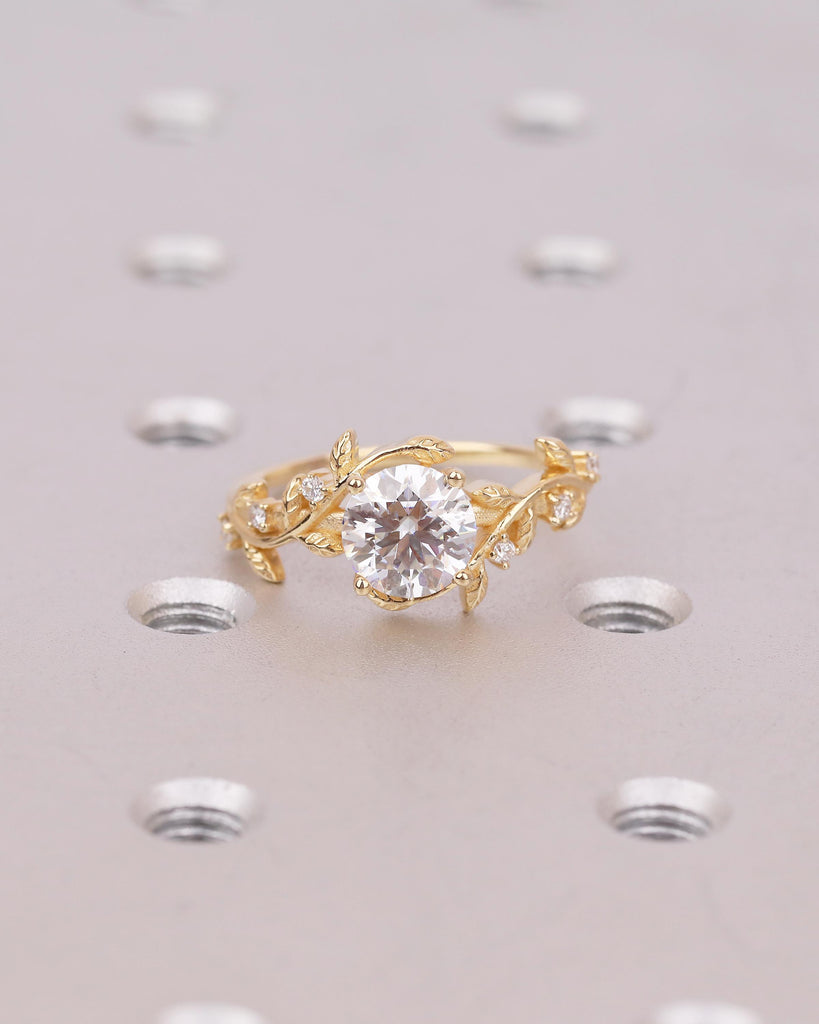 18k Solid Gold Moissanite Engagement Ring, Vintage Wedding Anniversary Ring, Round Diamond Accents, Nature Jewelry, Promise Rings for Women image #10