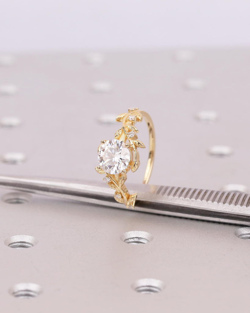 18k Solid Gold Moissanite Engagement Ring, Vintage Wedding Anniversary Ring, Round Diamond Accents, Nature Jewelry, Promise Rings for Women image #9