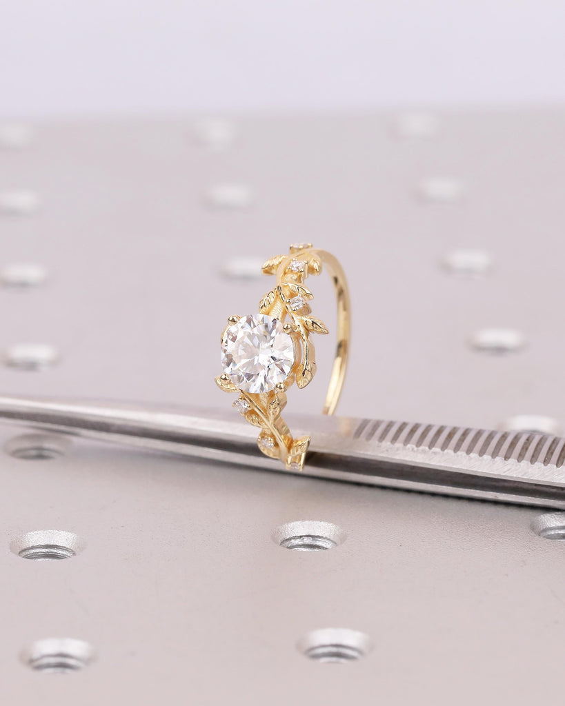 Round Moissanite Nature Inspired Engagement Ring in 18k Yellow Gold image #9