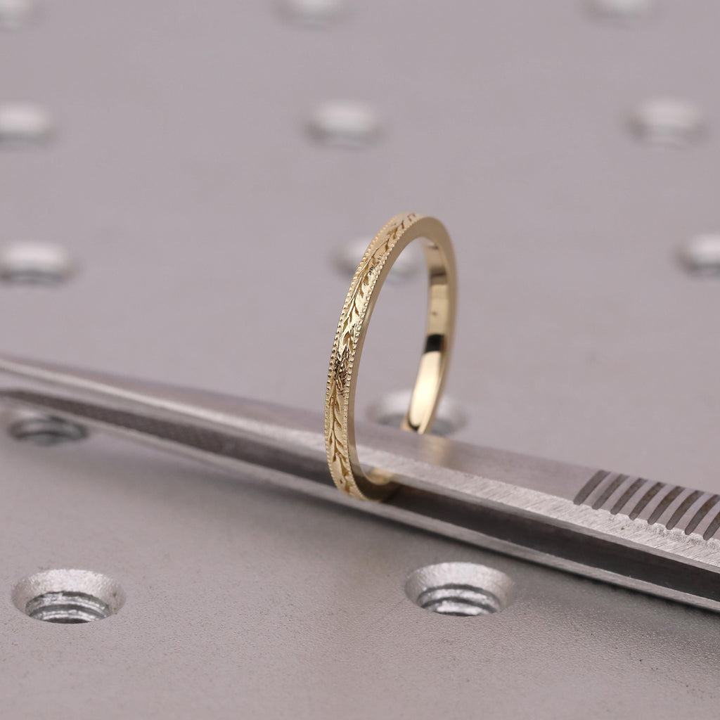 Vintage Gold Jewelry Milgrain Wedding Band for Women | Engraved Vine & Leaf Ring | Birthday Anniversary Gift image #4