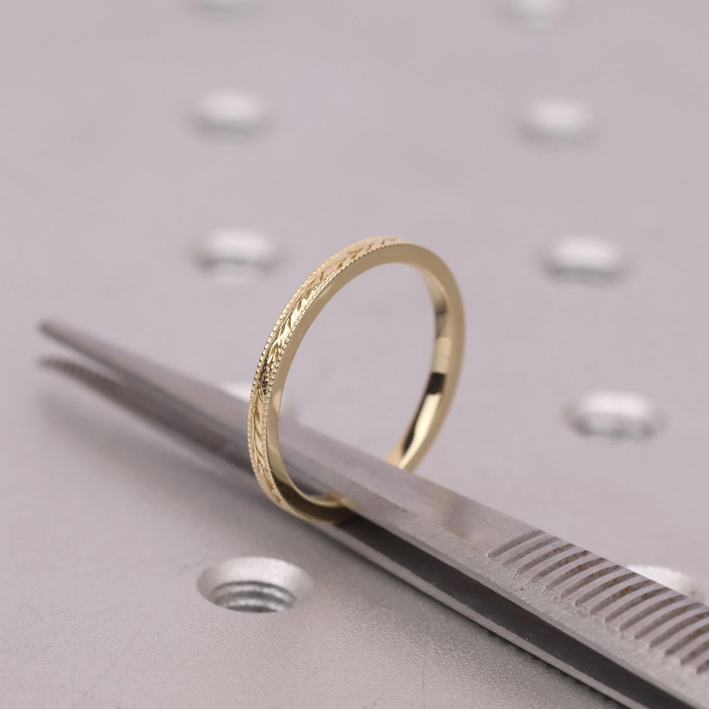 Vintage Gold Jewelry Milgrain Wedding Band for Women | Engraved Vine & Leaf Ring | Birthday Anniversary Gift image #5