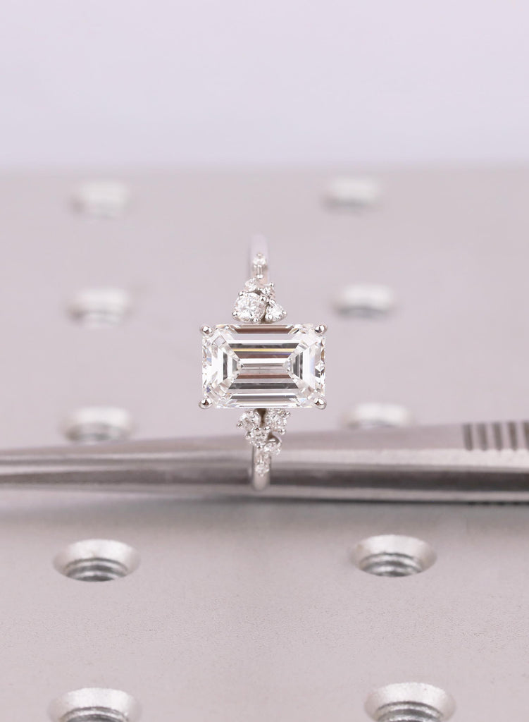 VVS Emerald Cut Moissanite Ring with Snowdrift Diamond Cluster Round Stone Accents image #11