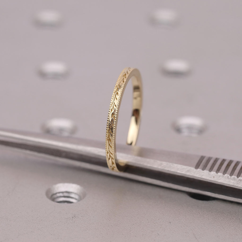Vintage Gold Jewelry Milgrain Wedding Band for Women | Engraved Vine & Leaf Ring | Birthday Anniversary Gift image #2