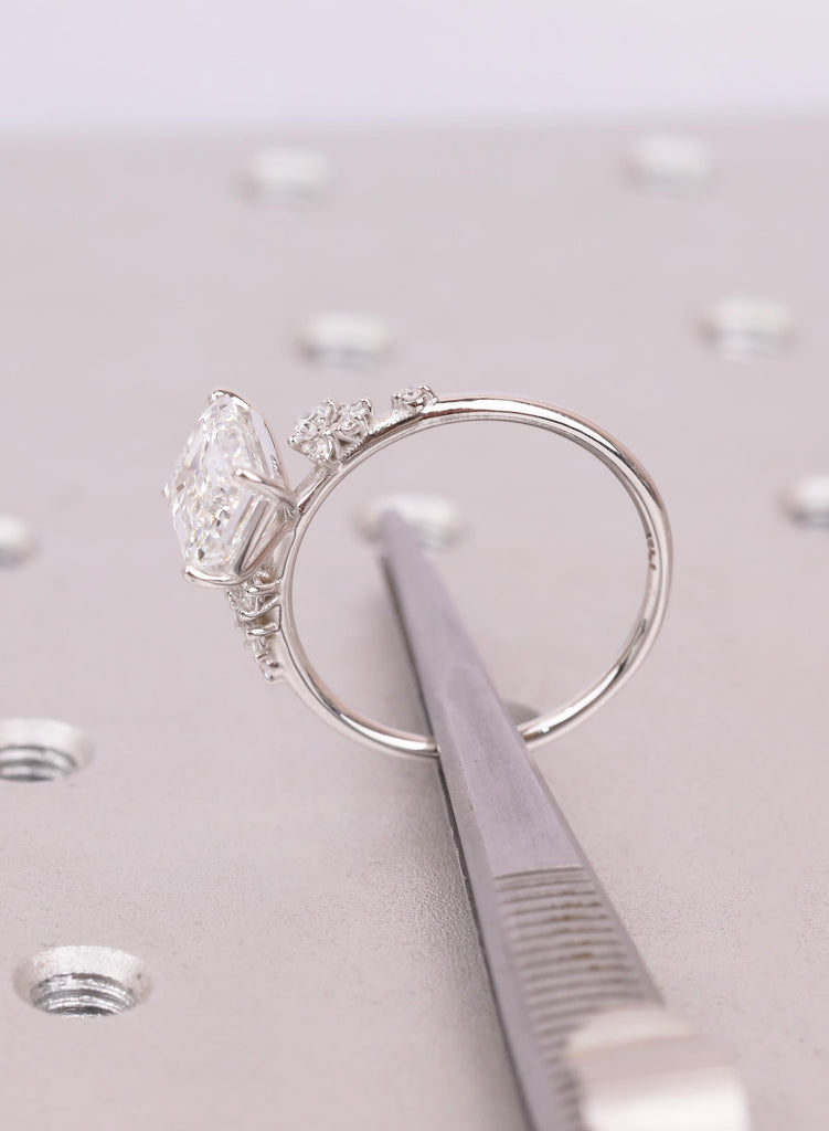 Emerald Cut Lab Grown Diamond Ring with Round Diamond Cluster 14K White Gold Band image #10