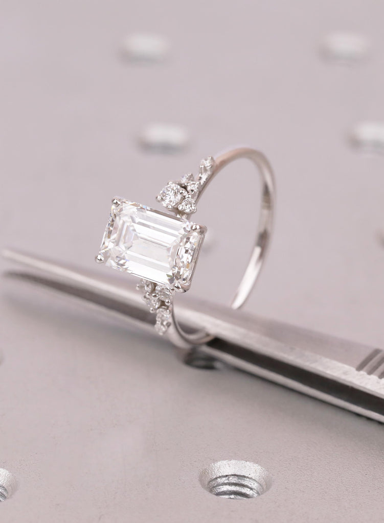 Emerald Cut Lab Diamond Engagement Ring with Round Diamond Cluster Side Stones, Unique Proposal or Anniversary Ring for Her image #11
