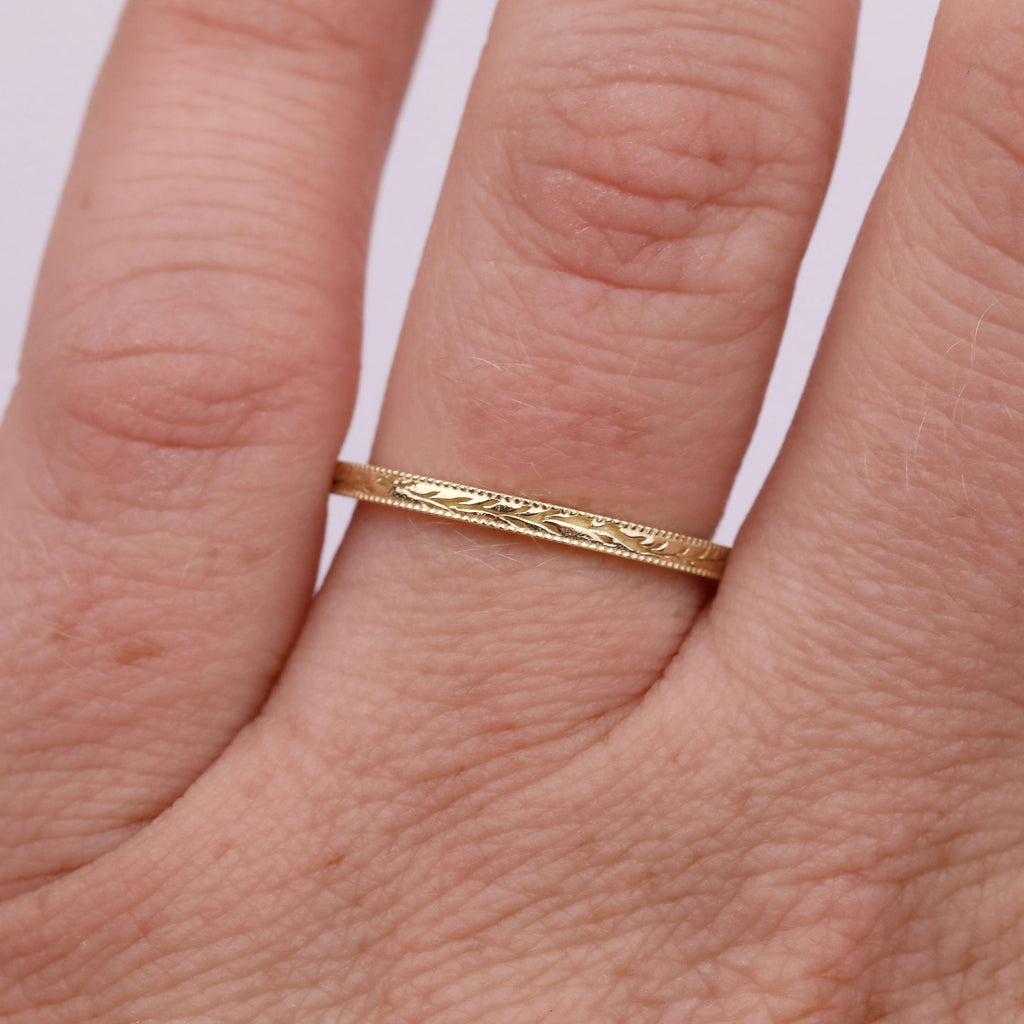 Vintage Gold Jewelry Milgrain Wedding Band for Women | Engraved Vine & Leaf Ring | Birthday Anniversary Gift image #1