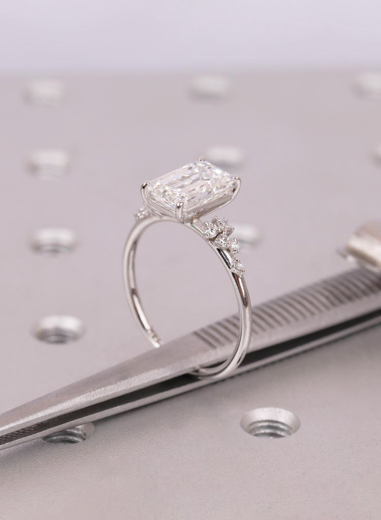 Emerald Cut Lab Diamond Engagement Ring with Round Diamond Cluster Side Stones, Unique Proposal or Anniversary Ring for Her image #18