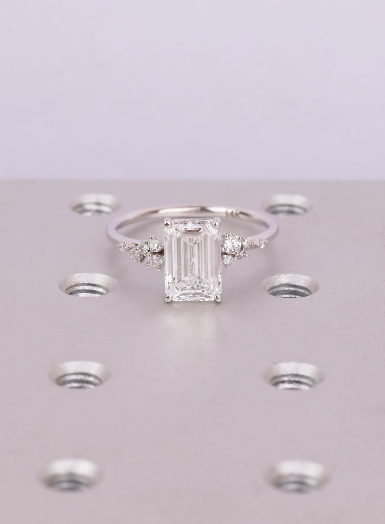 Emerald Cut Lab Grown Diamond Ring with Round Diamond Cluster 14K White Gold Band image #18