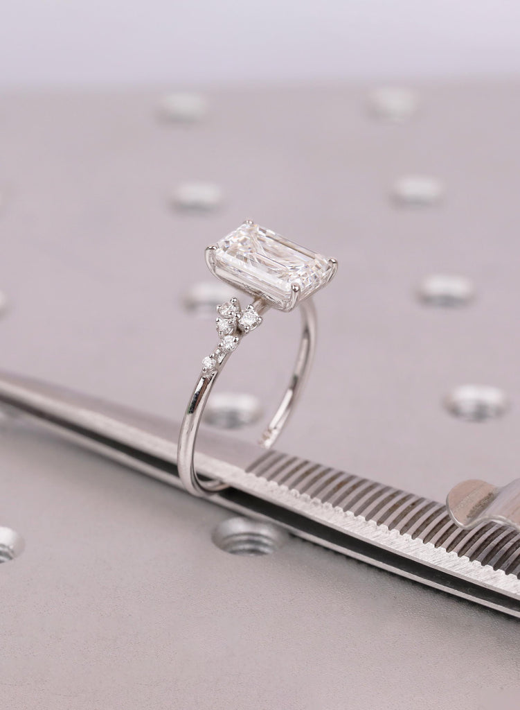 Emerald Cut Lab Grown Diamond Ring with Round Diamond Cluster 14K White Gold Band image #13