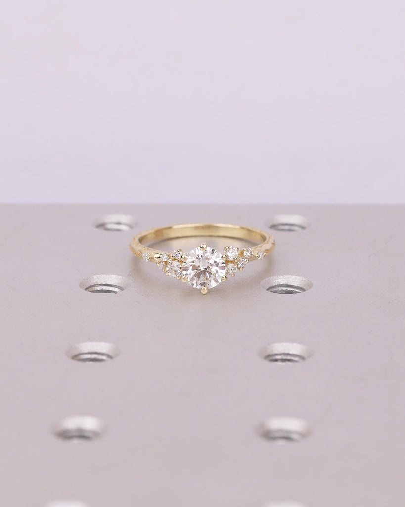 Lab Grown Diamond Cluster Promise Rings for Women, Vintage Style 18k/14k Yellow Gold Engagement Ring, Unique Hand Engraved Olive Leaf Ring image #9