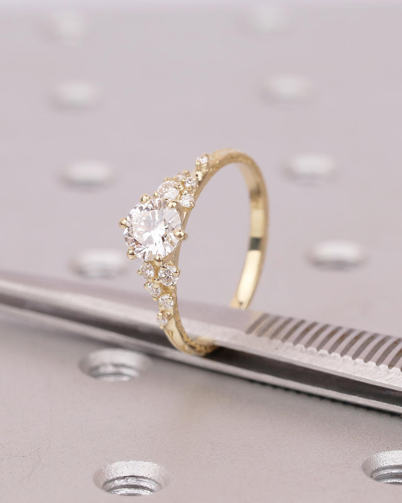 Lab Grown Diamond Cluster Promise Rings for Women, Vintage Style 18k/14k Yellow Gold Engagement Ring, Unique Hand Engraved Olive Leaf Ring image #8