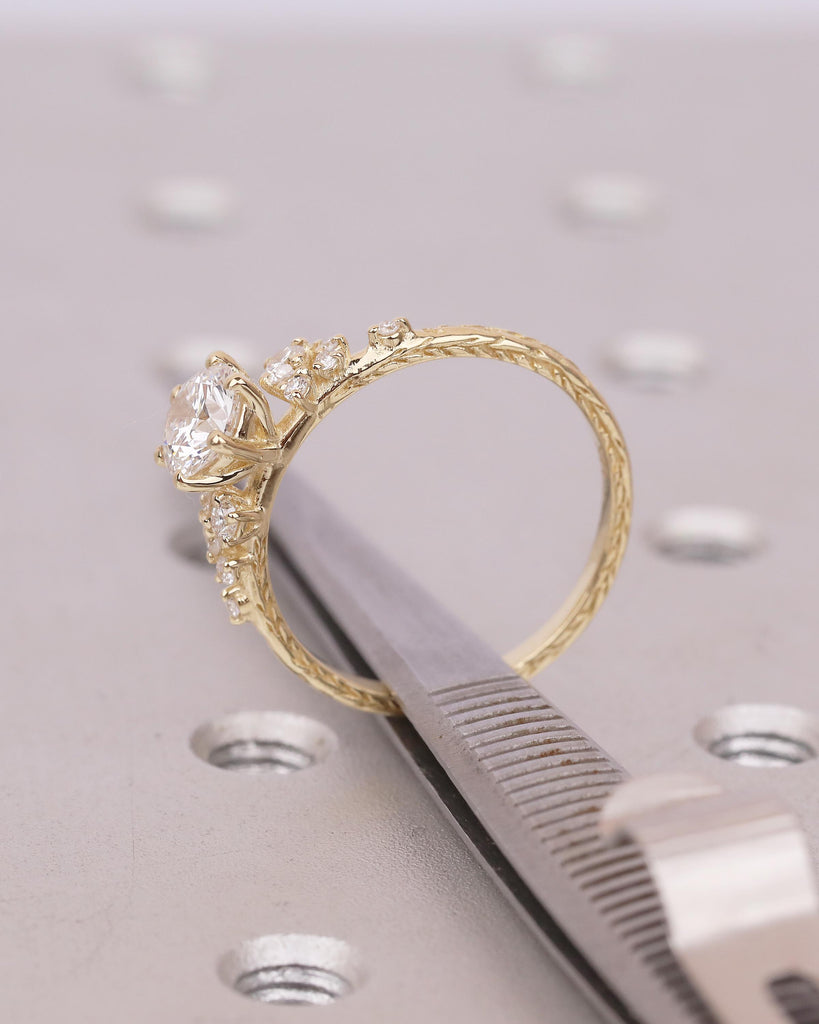 Lab Grown Diamond Cluster Promise Rings for Women, Vintage Style 18k/14k Yellow Gold Engagement Ring, Unique Hand Engraved Olive Leaf Ring image #20