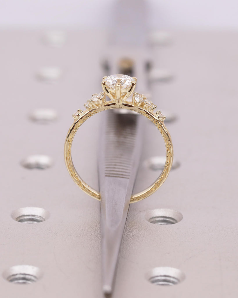 Lab Grown Diamond Cluster Promise Rings for Women, Vintage Style 18k/14k Yellow Gold Engagement Ring, Unique Hand Engraved Olive Leaf Ring image #7