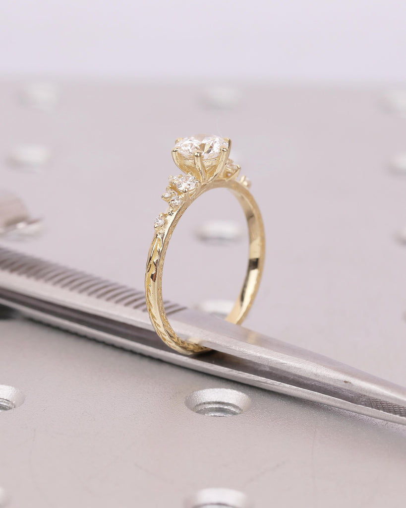 Lab Grown Diamond Cluster Promise Rings for Women, Vintage Style 18k/14k Yellow Gold Engagement Ring, Unique Hand Engraved Olive Leaf Ring image #5