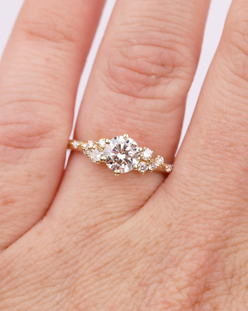 Lab Grown Diamond Cluster Promise Rings for Women, Vintage Style 18k/14k Yellow Gold Engagement Ring, Unique Hand Engraved Olive Leaf Ring image #2