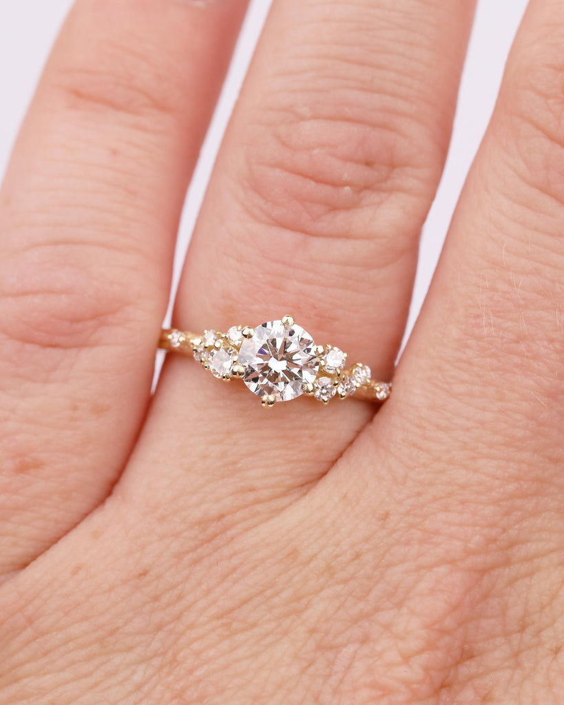Lab Grown Diamond Cluster Promise Rings for Women, Vintage Style 18k/14k Yellow Gold Engagement Ring, Unique Hand Engraved Olive Leaf Ring image #11