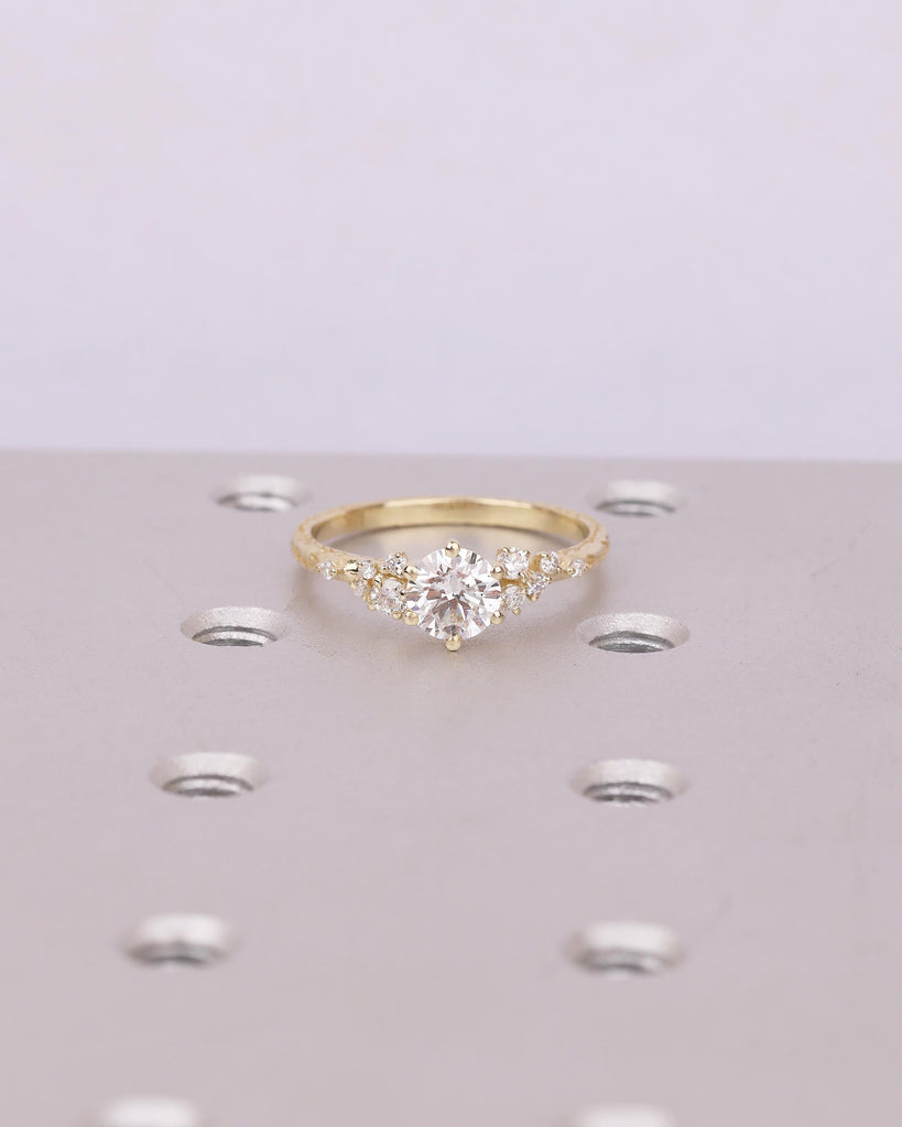 Lab Grown Diamond Cluster Promise Rings for Women, Vintage Style 18k/14k Yellow Gold Engagement Ring, Unique Hand Engraved Olive Leaf Ring image #1