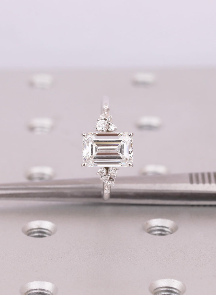 3ct Emerald Cut Lab Grown Ring with White Gold Snowdrift Diamond Cluster Band image #10