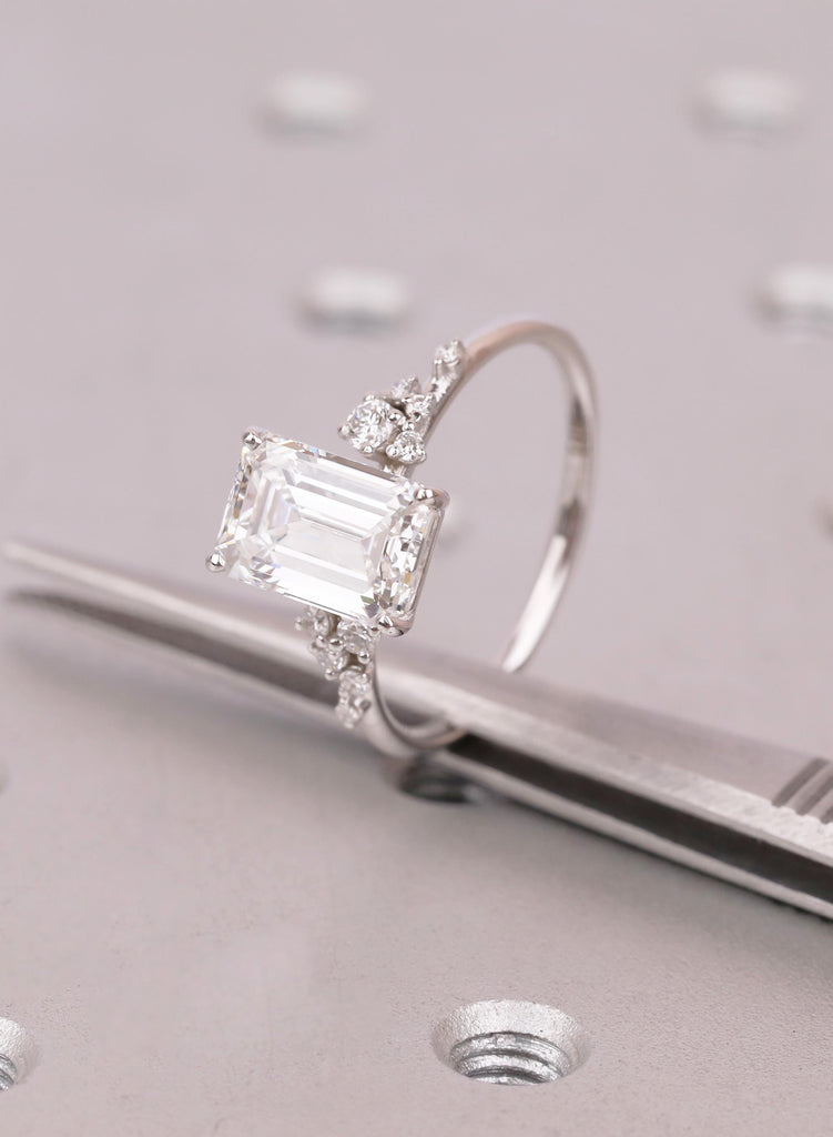 3ct Emerald Cut Lab Grown Ring with White Gold Snowdrift Diamond Cluster Band image #8