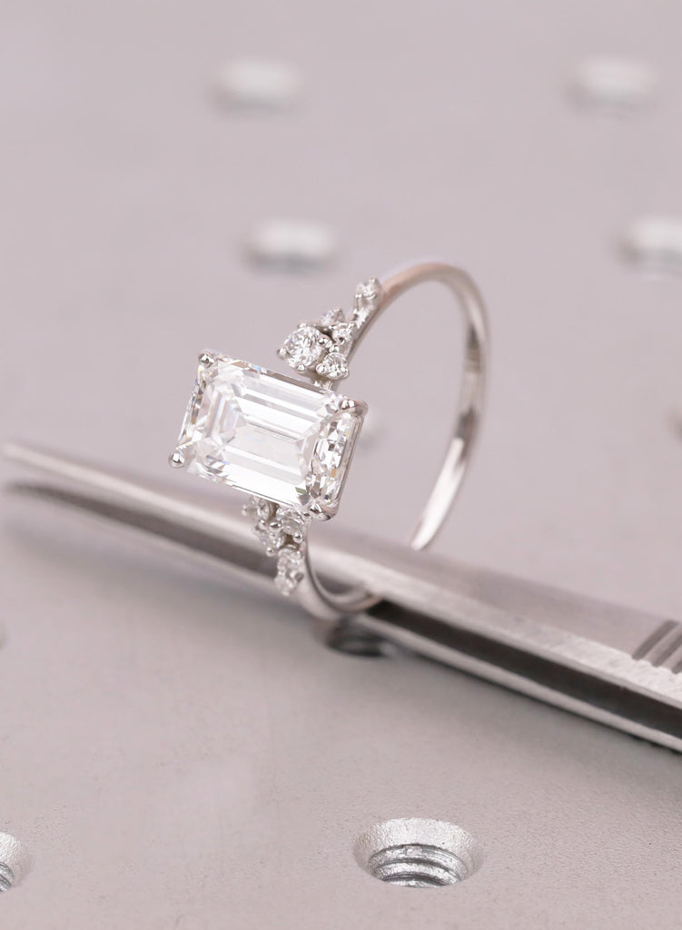 3 Carat Emerald Cut Lab Diamond Snowdrift Engagement Ring, Scattered Round Diamond Cluster on a Dainty Band image #8