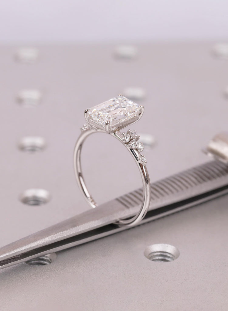 3 Carat Emerald Cut Lab Diamond Snowdrift Engagement Ring, Scattered Round Diamond Cluster on a Dainty Band image #17