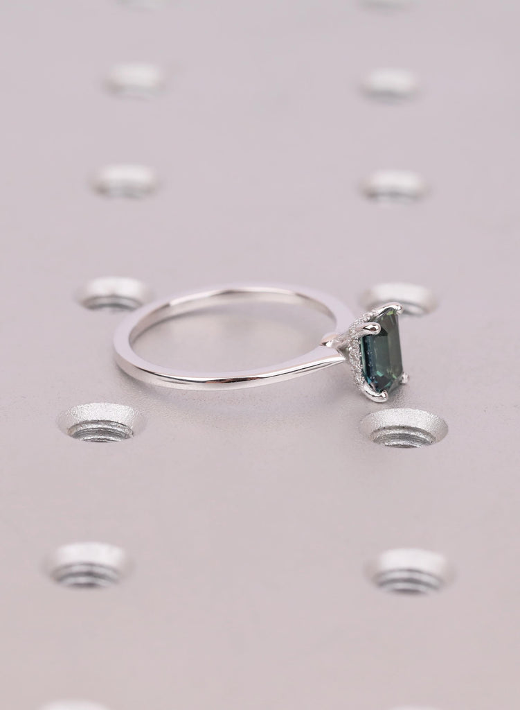 Natural Emerald Cut Green Sapphire Engagement Ring, Hidden Halo Diamond Or Moissanite Side Stone Options image #5