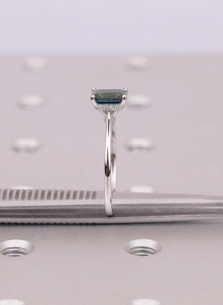 Natural Emerald Cut Green Sapphire Engagement Ring, Hidden Halo Diamond Or Moissanite Side Stone Options image #14