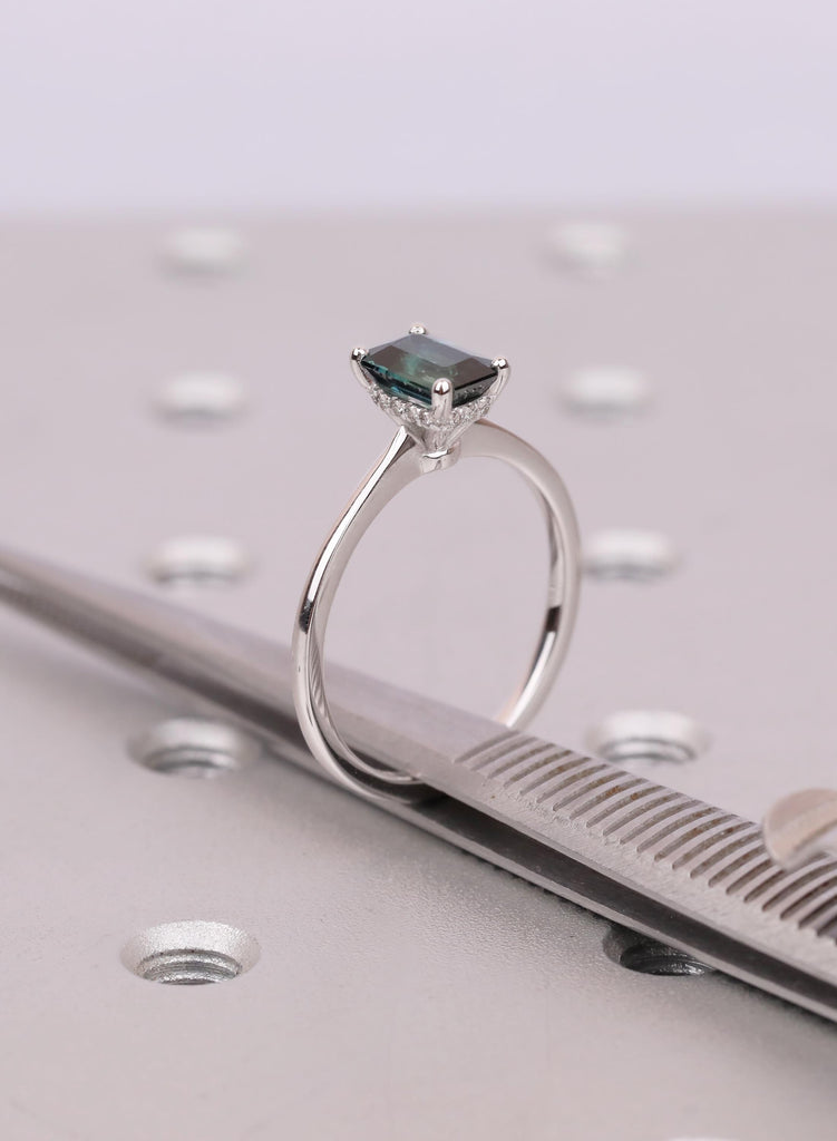 Natural Emerald Cut Green Sapphire Engagement Ring, Hidden Halo Diamond Or Moissanite Side Stone Options image #15