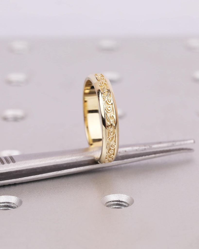 4mm Vintage Filigree Wedding Band, 14K Yellow Gold Engraved Wedding Ring, Nature Inspired Groom Ring, Men's Engagement Ring, Rings for Him image #7