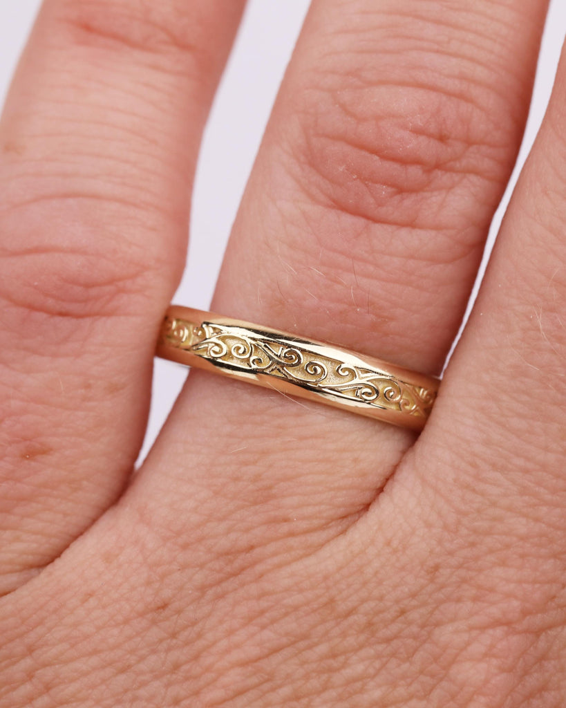 4mm Vintage Filigree Wedding Band, 14K Yellow Gold Engraved Wedding Ring, Nature Inspired Groom Ring, Men's Engagement Ring, Rings for Him image #2