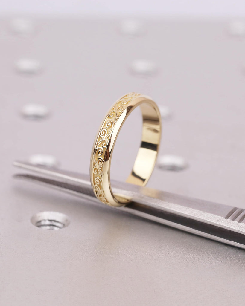4mm Vintage Filigree Wedding Band, 14K Yellow Gold Engraved Wedding Ring, Nature Inspired Groom Ring, Men's Engagement Ring, Rings for Him image #5