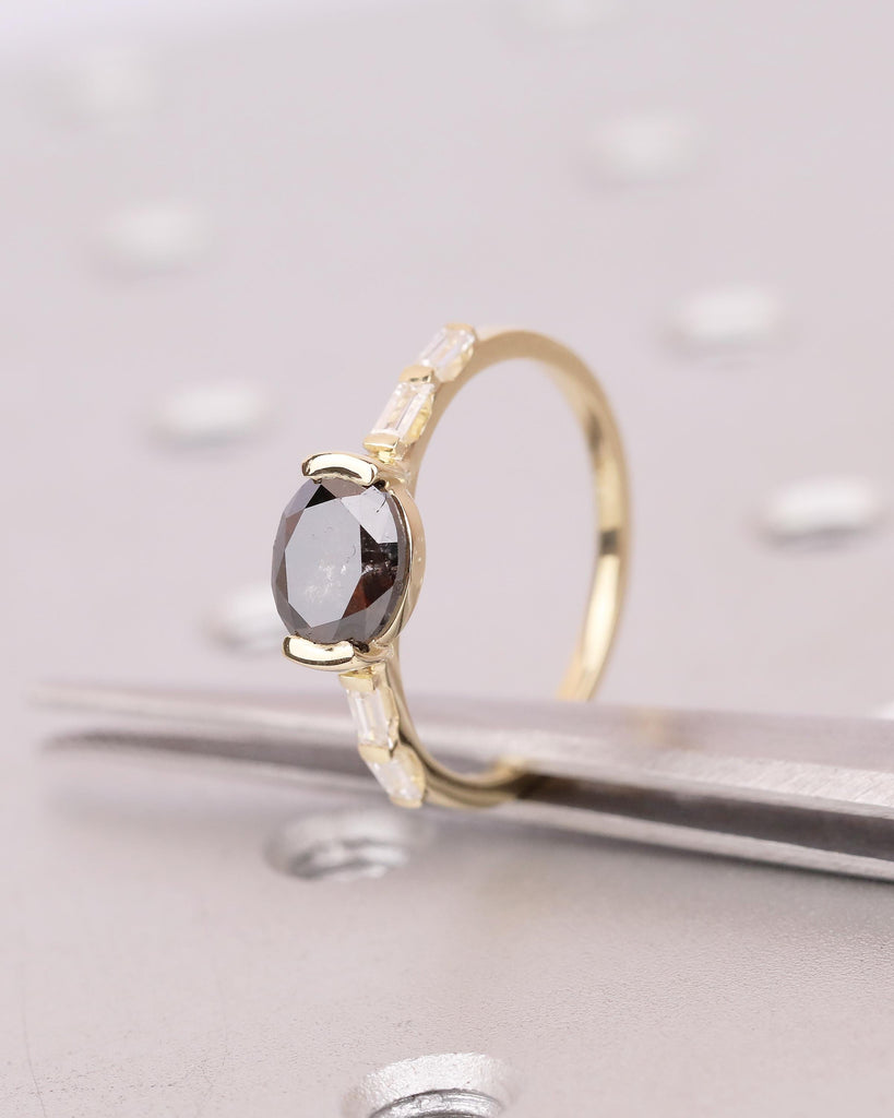 East West Engagement Ring, 14k Yellow Gold Oval Salt and Pepper Diamond Ring, Baguette Accents, Wedding Anniversary Rings, Handmade Jewelry image #1