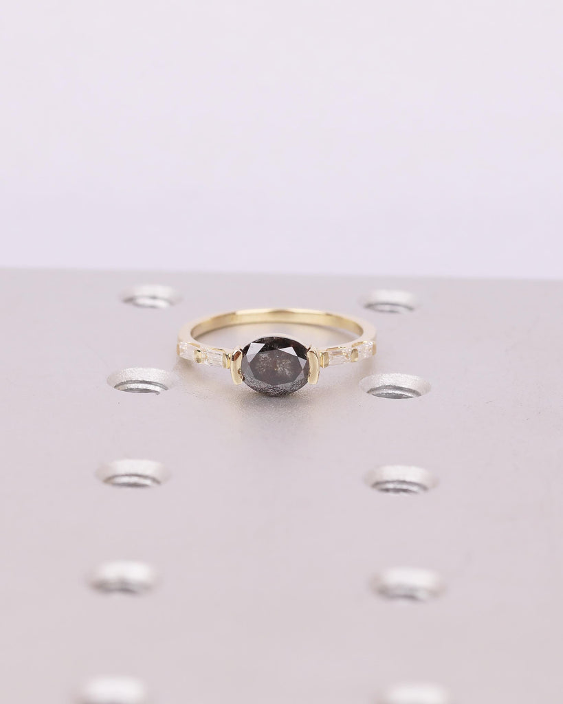 East West Engagement Ring, 14k Yellow Gold Oval Salt and Pepper Diamond Ring, Baguette Accents, Wedding Anniversary Rings, Handmade Jewelry image #14