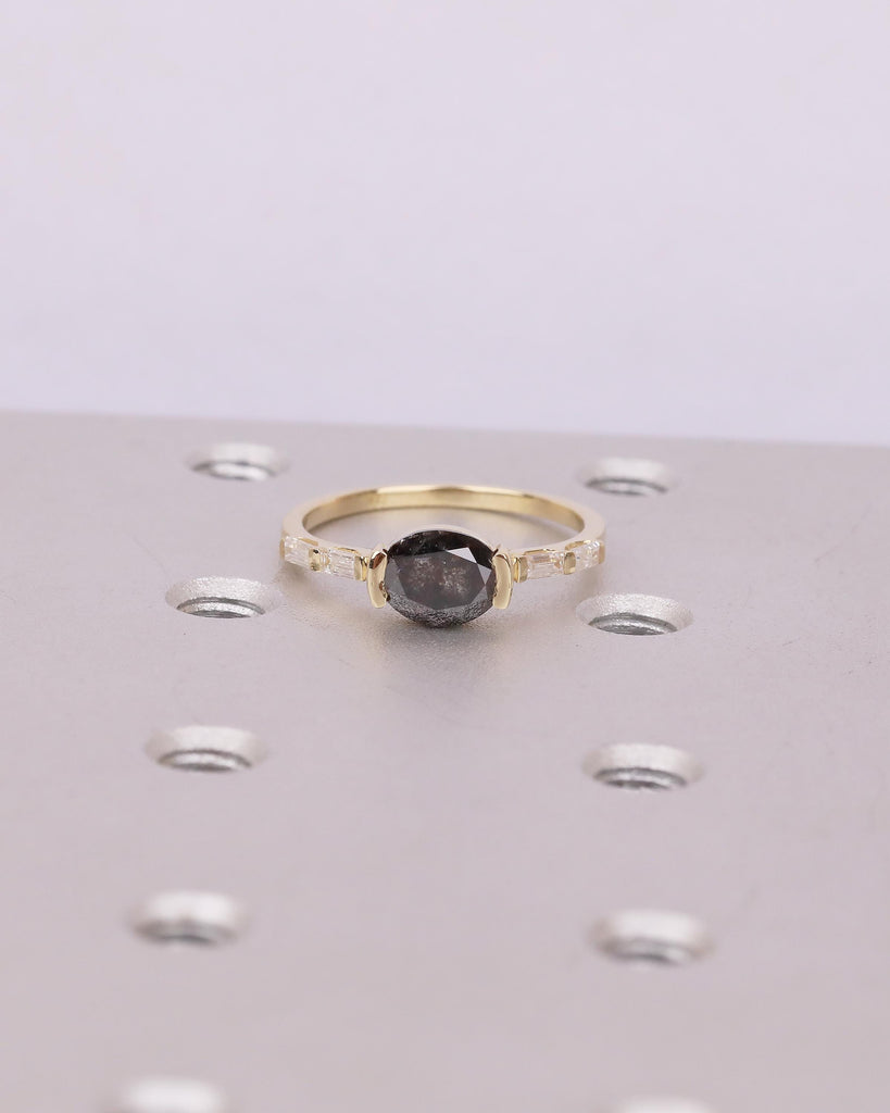 East West Engagement Ring, 14k Yellow Gold Oval Salt and Pepper Diamond Ring, Baguette Accents, Wedding Anniversary Rings, Handmade Jewelry image #19