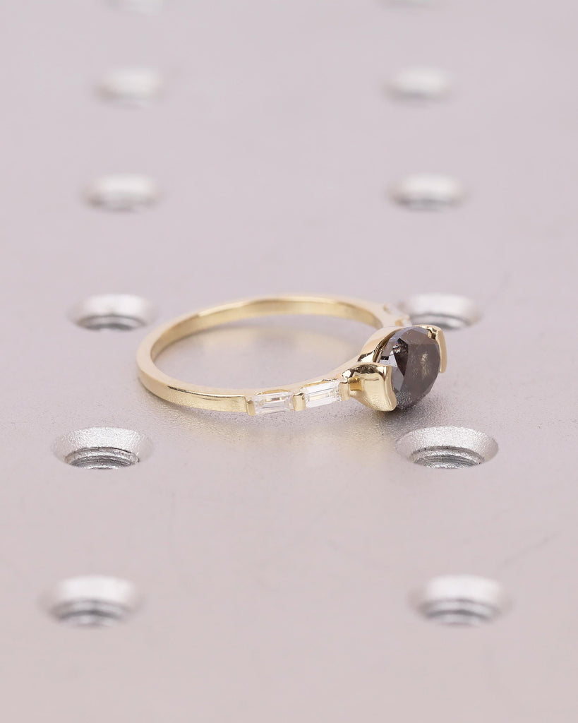 East West Engagement Ring, 14k Yellow Gold Oval Salt and Pepper Diamond Ring, Baguette Accents, Wedding Anniversary Rings, Handmade Jewelry image #10
