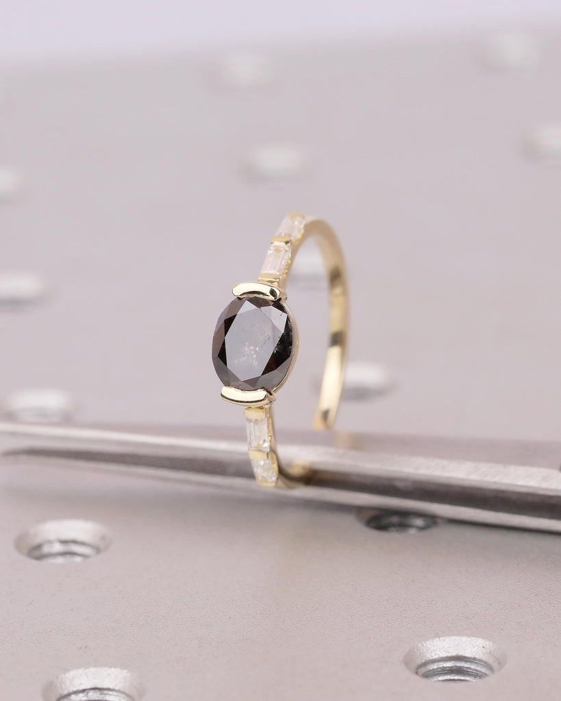 East West Engagement Ring, 14k Yellow Gold Oval Salt and Pepper Diamond Ring, Baguette Accents, Wedding Anniversary Rings, Handmade Jewelry image #12