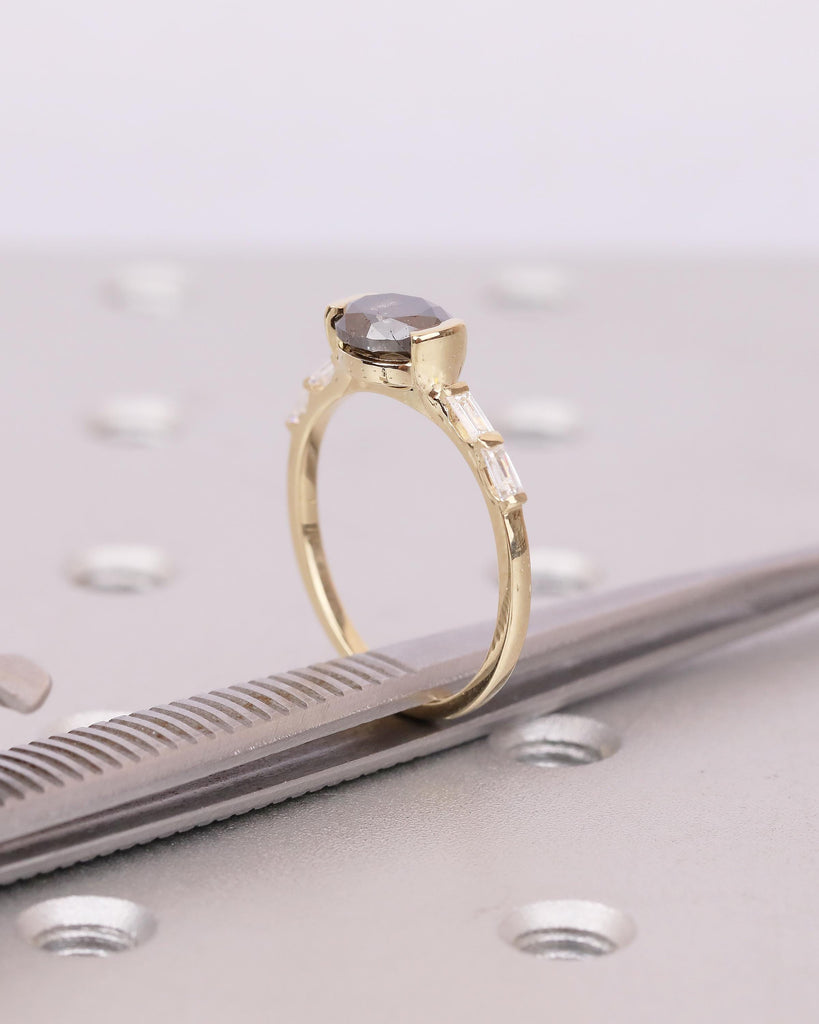 East West Engagement Ring, 14k Yellow Gold Oval Salt and Pepper Diamond Ring, Baguette Accents, Wedding Anniversary Rings, Handmade Jewelry image #11