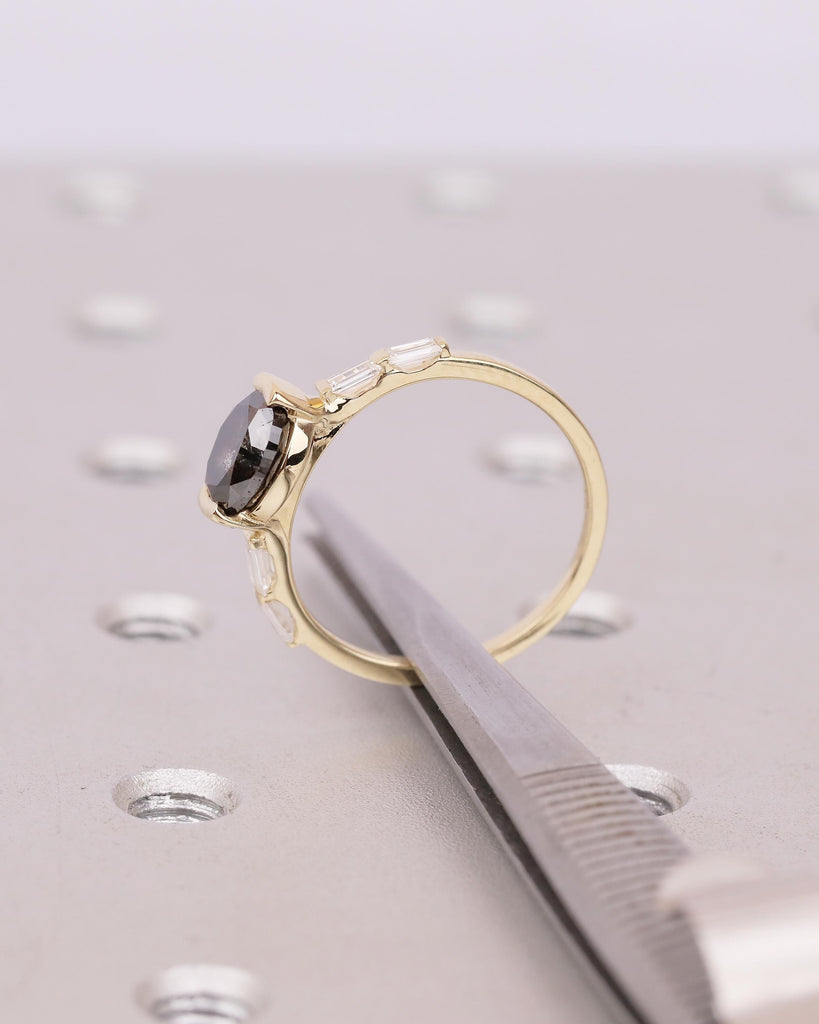 East West Engagement Ring, 14k Yellow Gold Oval Salt and Pepper Diamond Ring, Baguette Accents, Wedding Anniversary Rings, Handmade Jewelry image #13