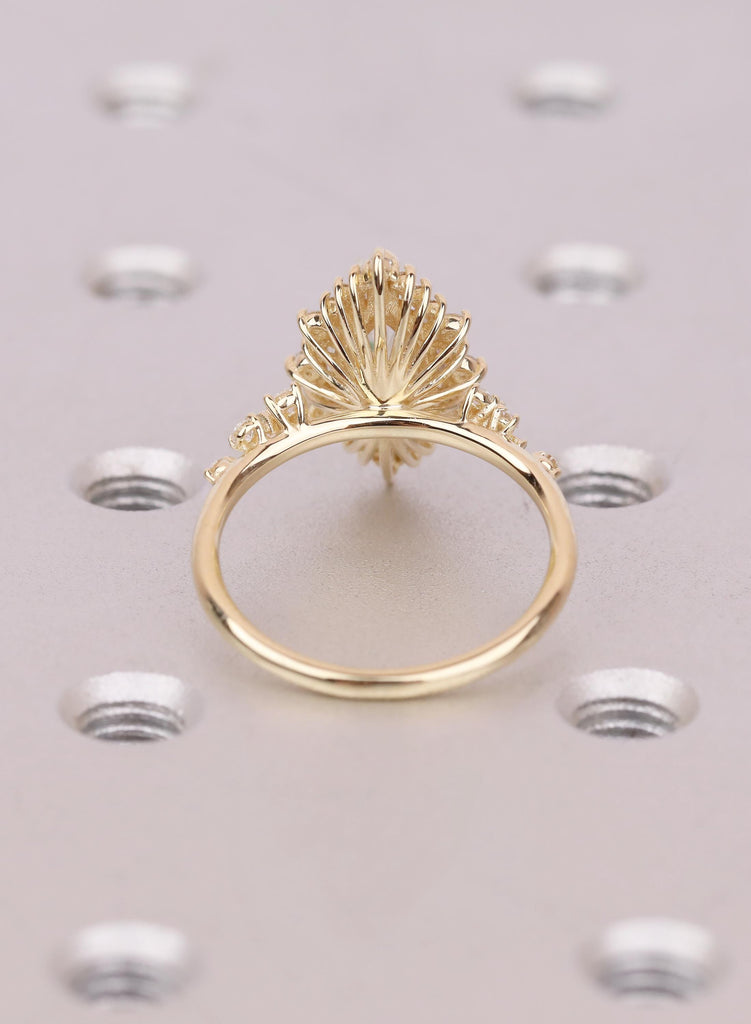 14K Yellow Gold Marquise Moissanite Halo Engagement Ring, Sparkly Cluster Statement Ring, Luxurious Unique Wedding Jewelry For Women image #5