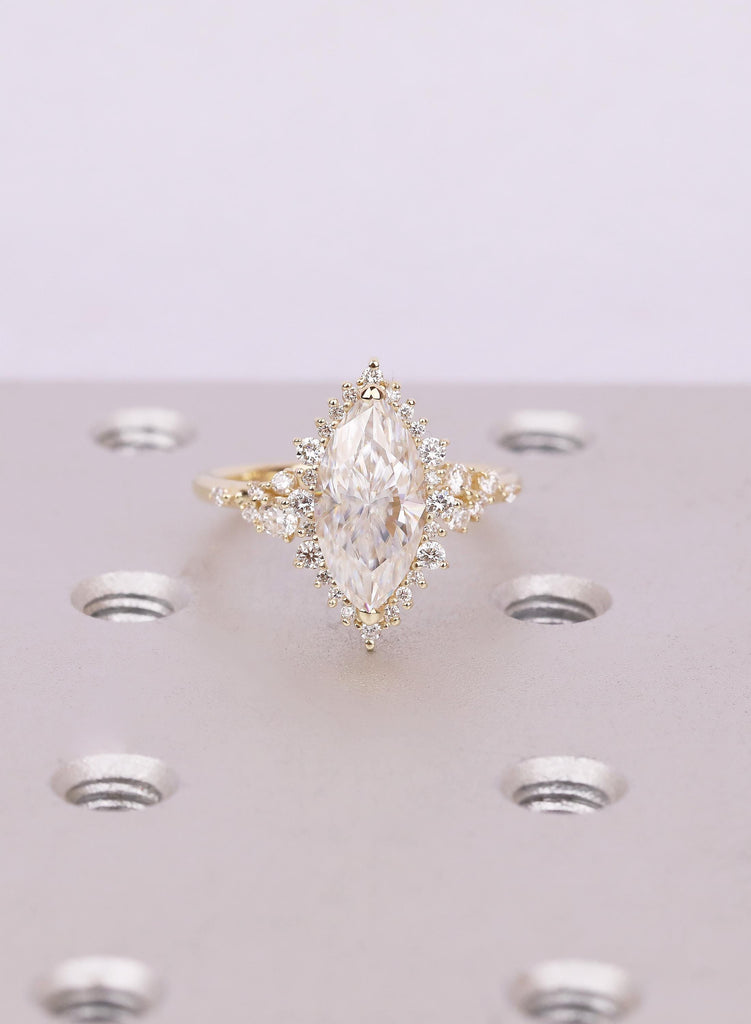 14K Yellow Gold Marquise Moissanite Halo Engagement Ring, Sparkly Cluster Statement Ring, Luxurious Unique Wedding Jewelry For Women image #15