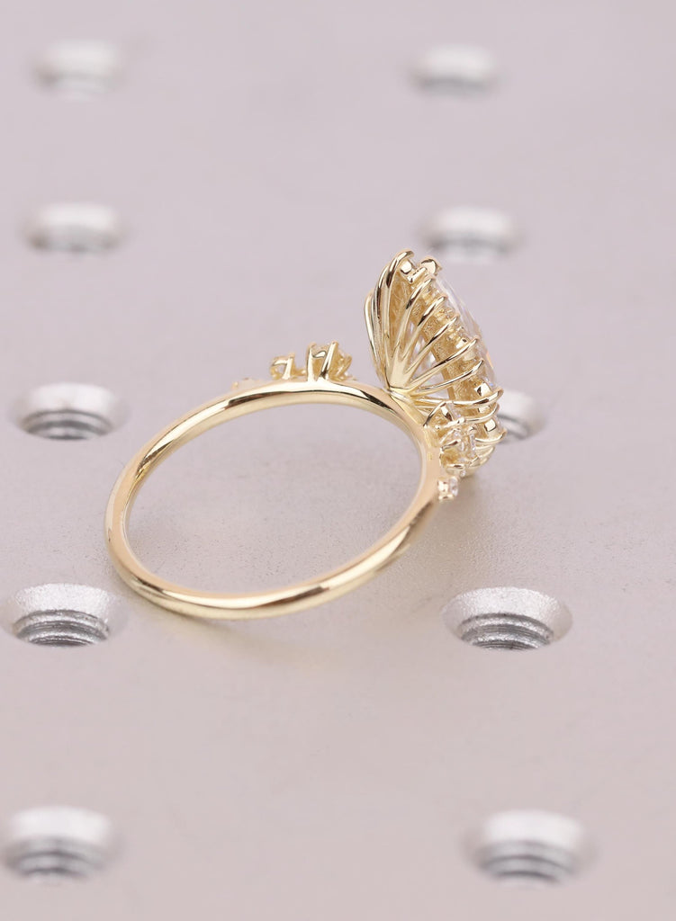 14K Yellow Gold Marquise Moissanite Halo Engagement Ring, Sparkly Cluster Statement Ring, Luxurious Unique Wedding Jewelry For Women image #4