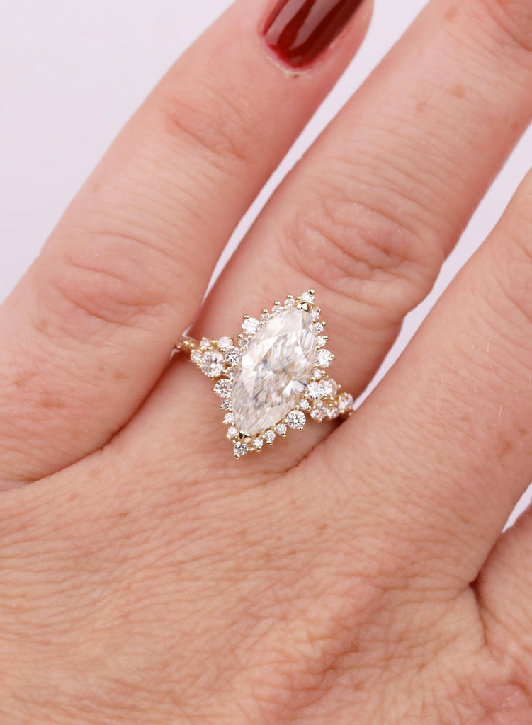 14K Yellow Gold Marquise Moissanite Halo Engagement Ring, Sparkly Cluster Statement Ring, Luxurious Unique Wedding Jewelry For Women image #2