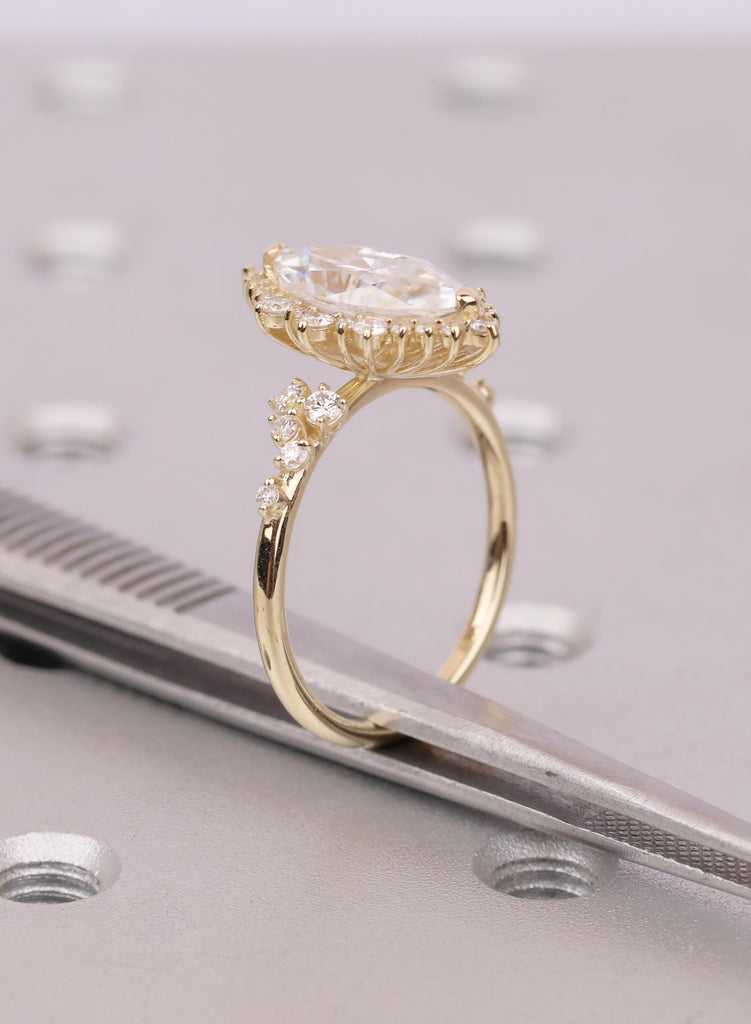 14K Yellow Gold Marquise Moissanite Halo Engagement Ring, Sparkly Cluster Statement Ring, Luxurious Unique Wedding Jewelry For Women image #12