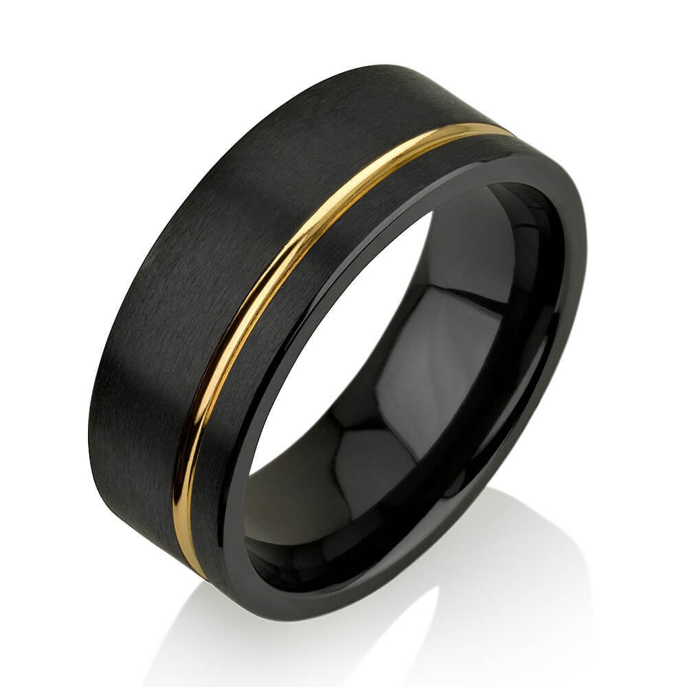 Men's Wedding Band Black Zirconium Yellow Gold Stripe Ring Yellow Gold Black Zirconium Ring Black Zirconium Wedding Band, Men's Wedding Band