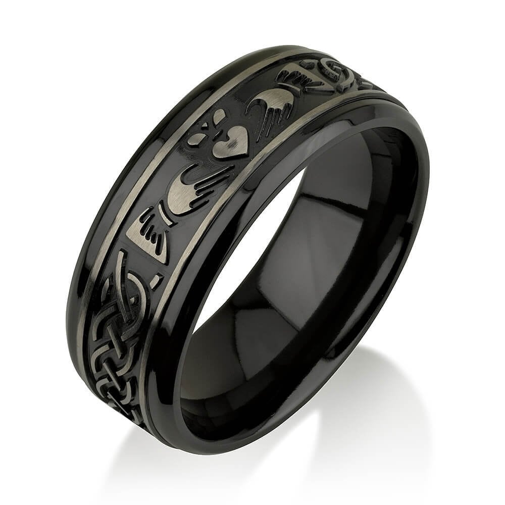 Black Zirconium Celtic Irish Claddagh Ring Hands Clasping Heart Band Carved Claddagh Black Zirconium Ring, Black Zirconium Wedding Band