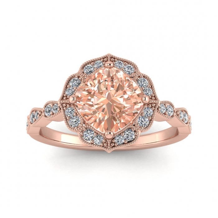 Mini Vintage Floral Morganite Engagement Ring 14k Rose Gold Scalloped Diamond Wedding Band 6x6mm Cushion Cut Color Gemstone Ring