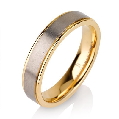 Mens Titanium Wedding Band Ring 5mm 8-12 Sizes 14k Yellow Plated Two Toned Comfort Fit Brushed Satin Custom Engraved