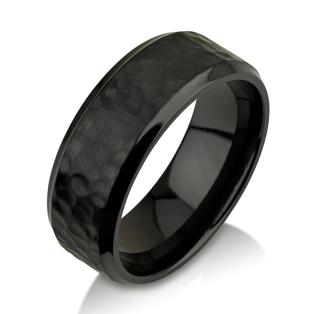 Mens Wedding Band Comfort Fit Hammered Black Zirconium Ring Black Zirconium Wedding Band 8mm Curved Edges Brushed Finish