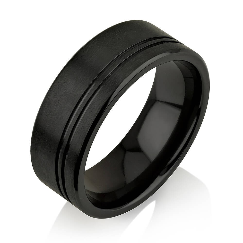 Men's Wedding Band Comfort Fit Interior Black Zirconium Ring Double Grooved Black Zirconium Ring Black Zirconium Wedding Band 8mm